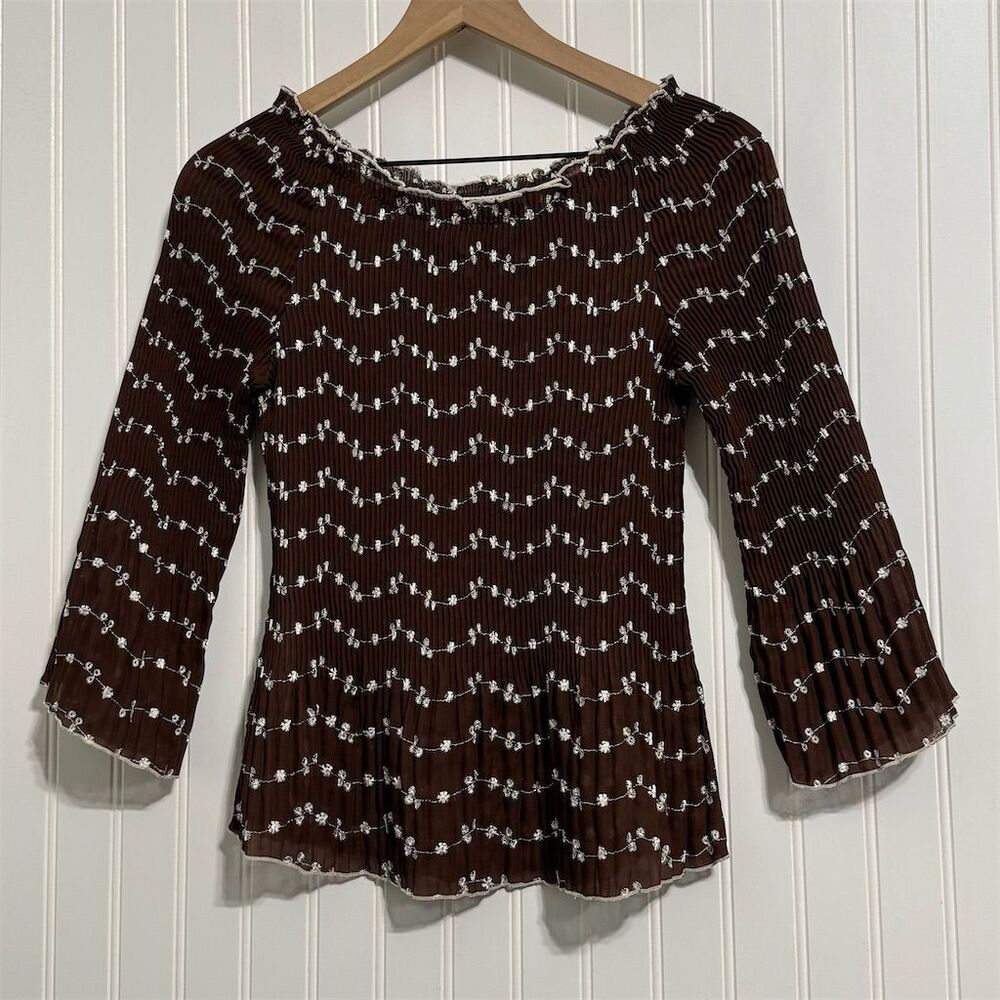 Y2K PIANO Brown Micro Pleated Top M Floral Whimsigoth Crinkle Sheer Blouse